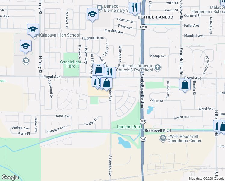 map of restaurants, bars, coffee shops, grocery stores, and more near 4724 Royal Avenue in Eugene