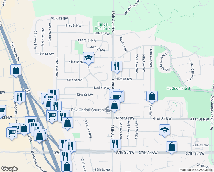 map of restaurants, bars, coffee shops, grocery stores, and more near 1812 43rd Street Northwest in Rochester