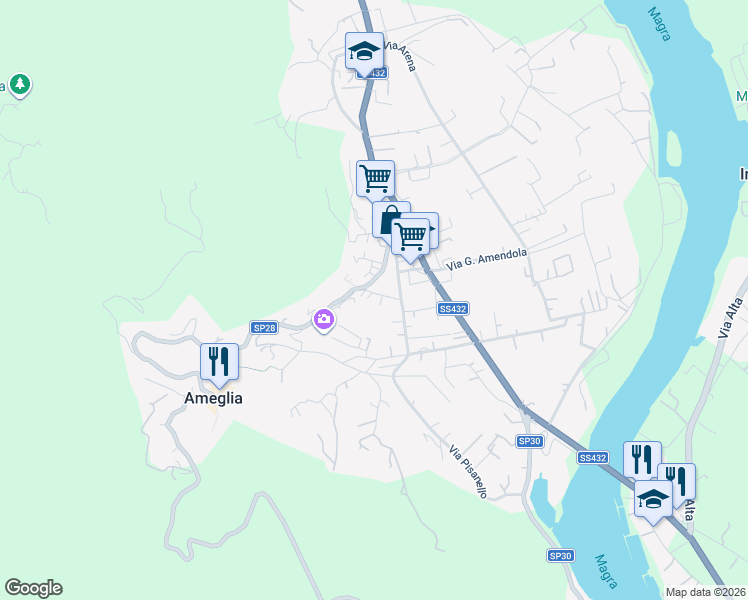 map of restaurants, bars, coffee shops, grocery stores, and more near 64B Via Don Minzoni in Ameglia