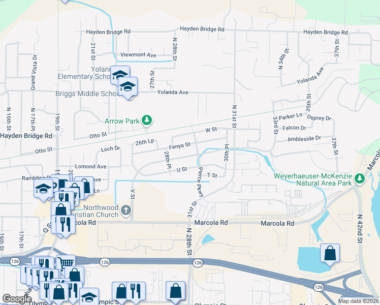 map of restaurants, bars, coffee shops, grocery stores, and more near 2932 V Street in Springfield