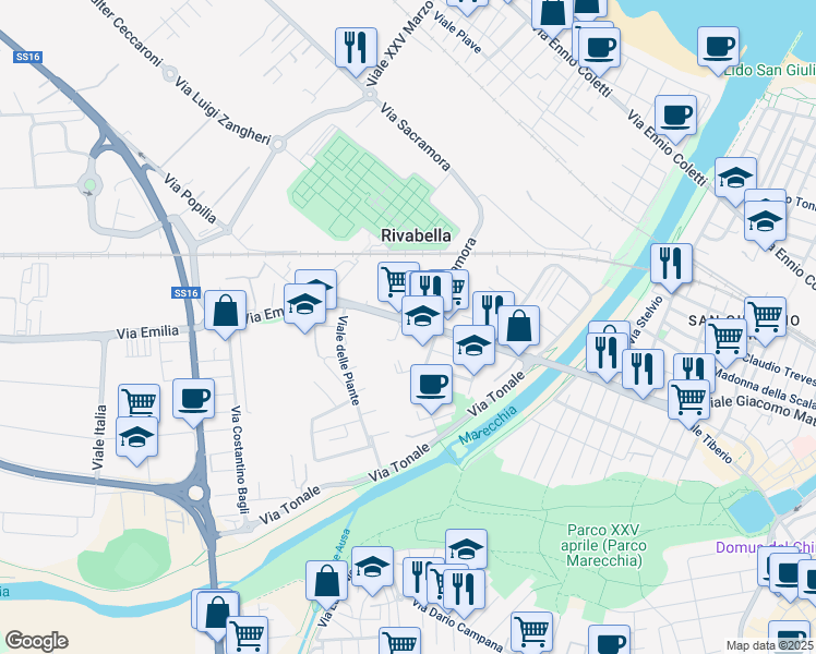 map of restaurants, bars, coffee shops, grocery stores, and more near 27 Via Redipuglia in Rimini