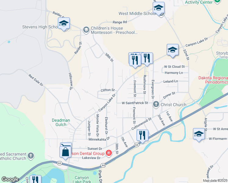 map of restaurants, bars, coffee shops, grocery stores, and more near 3804 Canyon Lake Drive in Rapid City