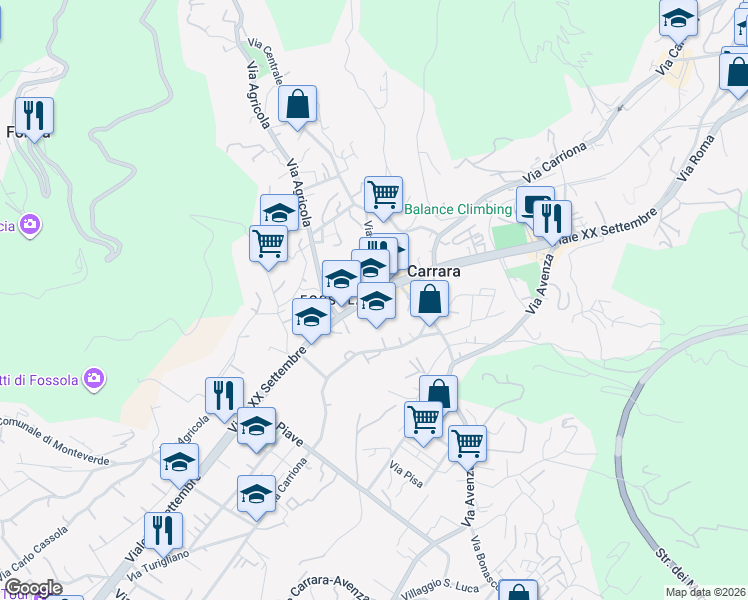 map of restaurants, bars, coffee shops, grocery stores, and more near 120A Viale XX Settembre in Carrara
