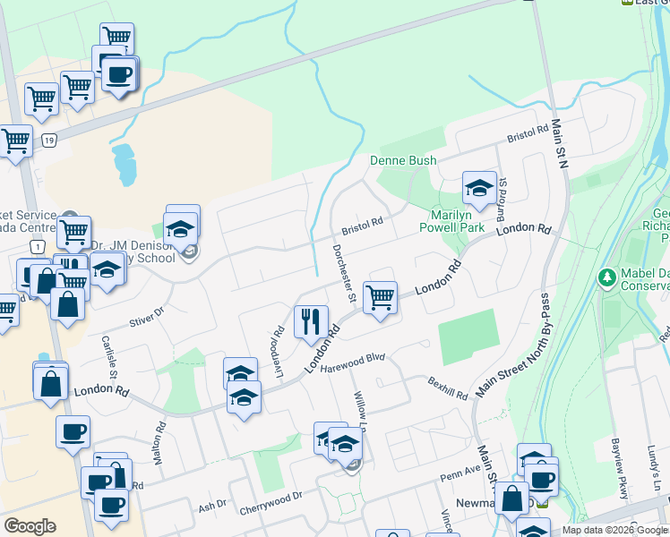 map of restaurants, bars, coffee shops, grocery stores, and more near 340 Dorchester Street in Newmarket