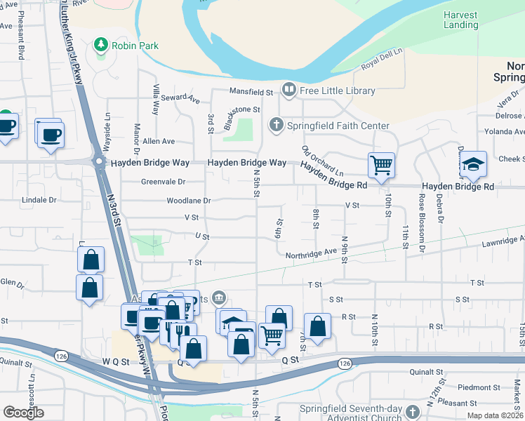 map of restaurants, bars, coffee shops, grocery stores, and more near 509 V Street in Springfield