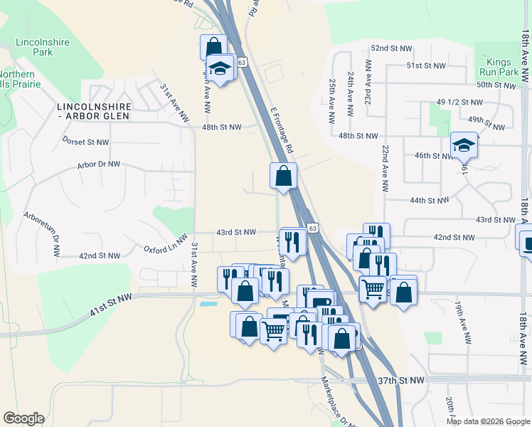 map of restaurants, bars, coffee shops, grocery stores, and more near 2801 43rd Street Northwest in Rochester
