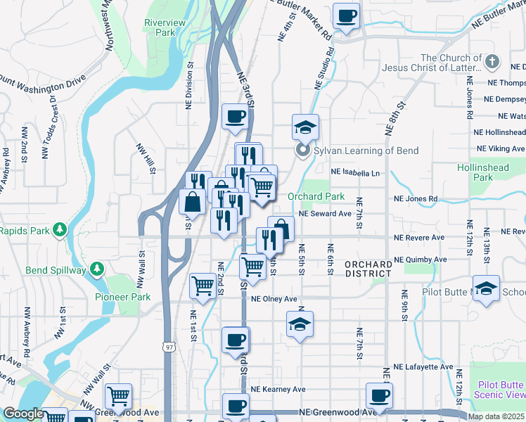 map of restaurants, bars, coffee shops, grocery stores, and more near 1900 Northeast 3rd Street in Bend