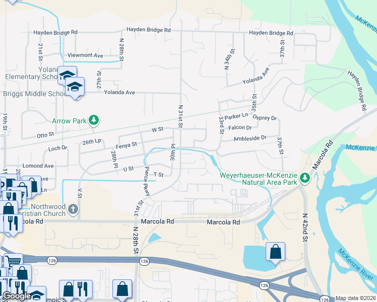 map of restaurants, bars, coffee shops, grocery stores, and more near 3125 V Street in Springfield