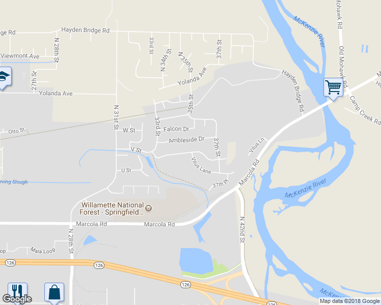 map of restaurants, bars, coffee shops, grocery stores, and more near River Heights Drive in Springfield
