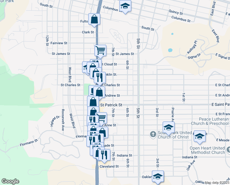 map of restaurants, bars, coffee shops, grocery stores, and more near 634 Saint Andrew Street in Rapid City
