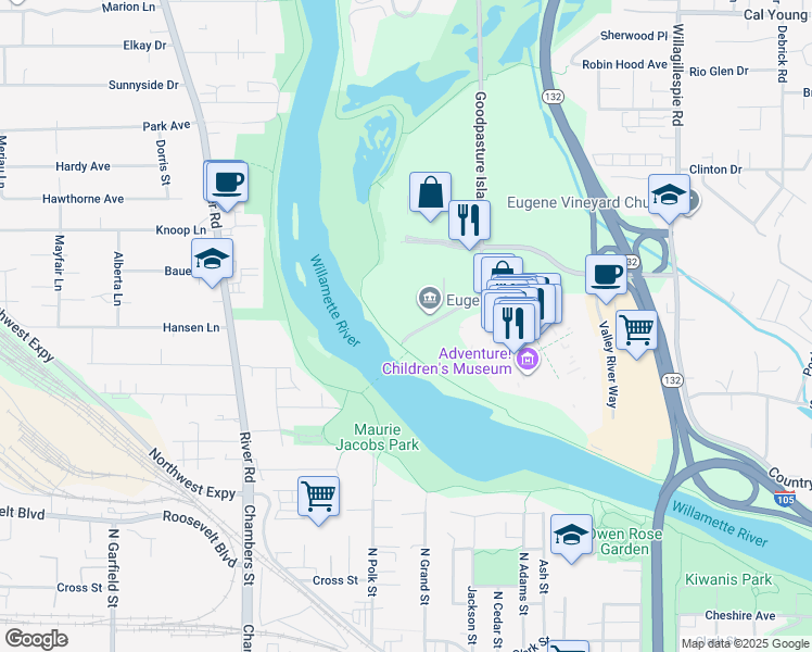 map of restaurants, bars, coffee shops, grocery stores, and more near 499 Valley River Center in Eugene