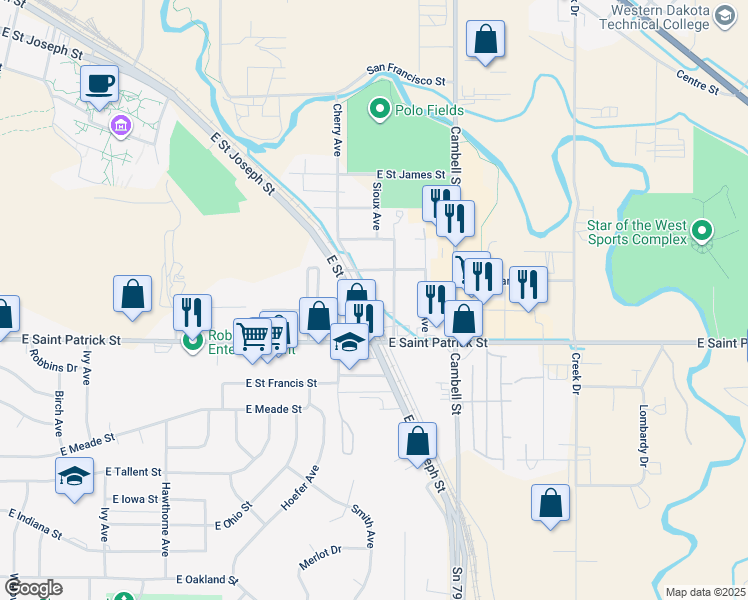map of restaurants, bars, coffee shops, grocery stores, and more near 1400-1898 State Highway 79 in Rapid City