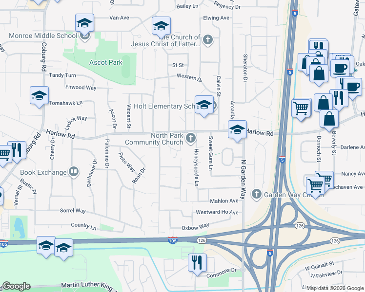 map of restaurants, bars, coffee shops, grocery stores, and more near 554 Fenster Street in Eugene