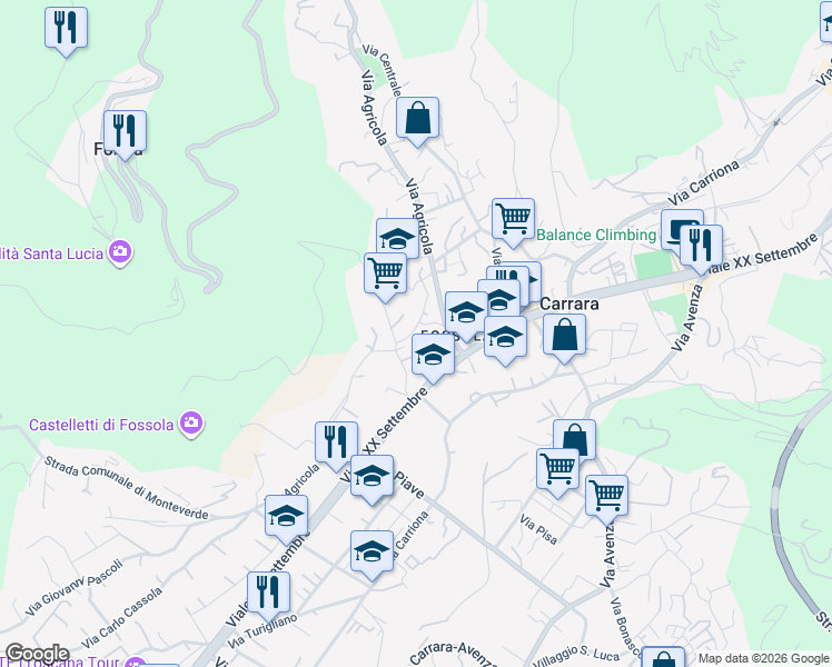 map of restaurants, bars, coffee shops, grocery stores, and more near 78/C Via Agricola in Carrara