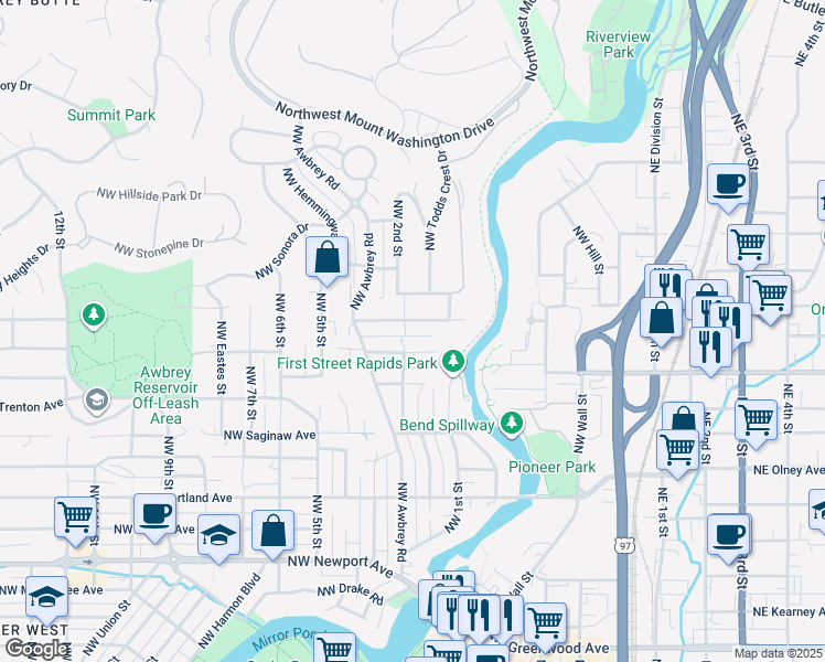 map of restaurants, bars, coffee shops, grocery stores, and more near 2244 Northwest 2nd Street in Bend