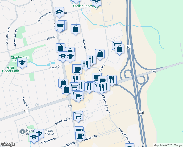 map of restaurants, bars, coffee shops, grocery stores, and more near 100 Pony Drive in Newmarket