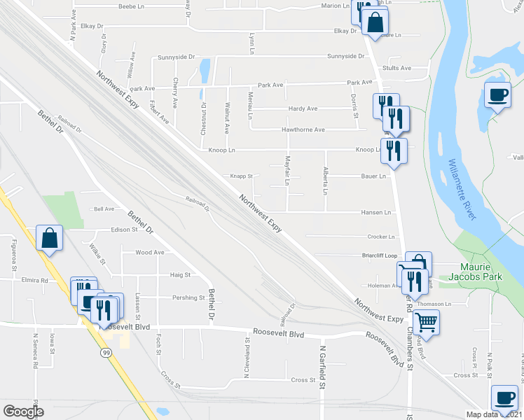 map of restaurants, bars, coffee shops, grocery stores, and more near Hansen Ln & Knapp Ln in Eugene
