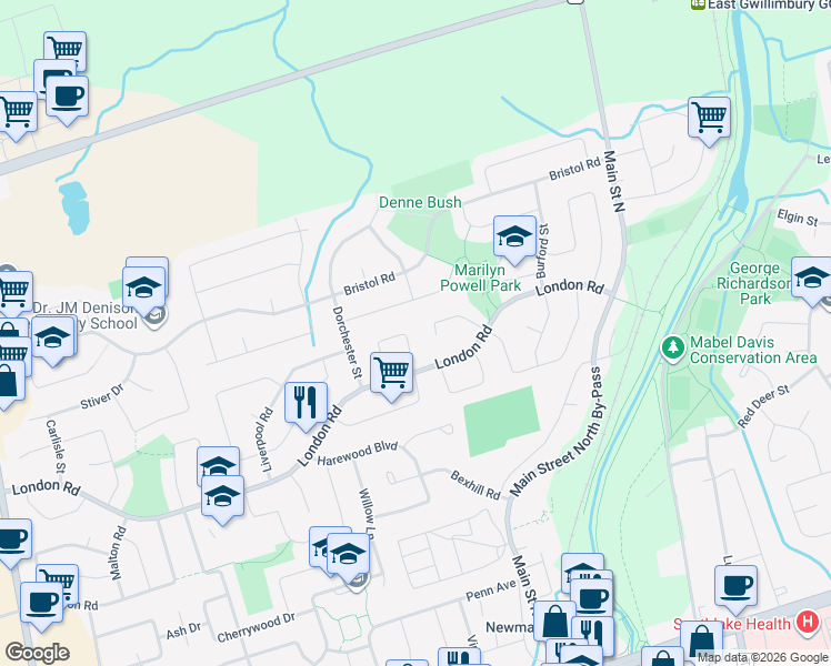 map of restaurants, bars, coffee shops, grocery stores, and more near 346 Darlington Crescent in Newmarket