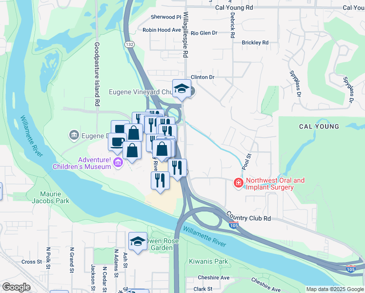 map of restaurants, bars, coffee shops, grocery stores, and more near in Eugene