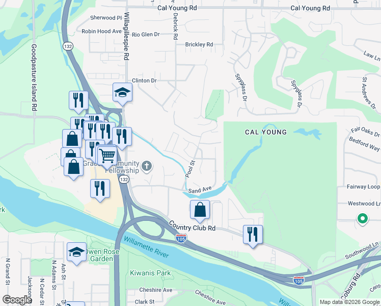 map of restaurants, bars, coffee shops, grocery stores, and more near 1312 Trap Lane in Eugene