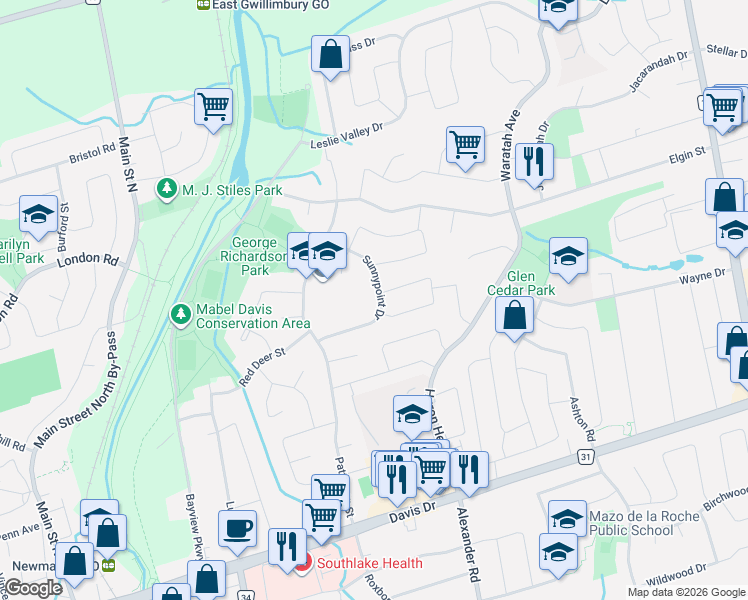 map of restaurants, bars, coffee shops, grocery stores, and more near 743 Sunnypoint Drive in Newmarket