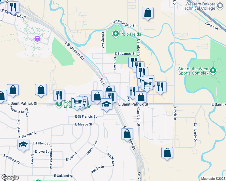 map of restaurants, bars, coffee shops, grocery stores, and more near 1400-1898 State Highway 79 in Rapid City