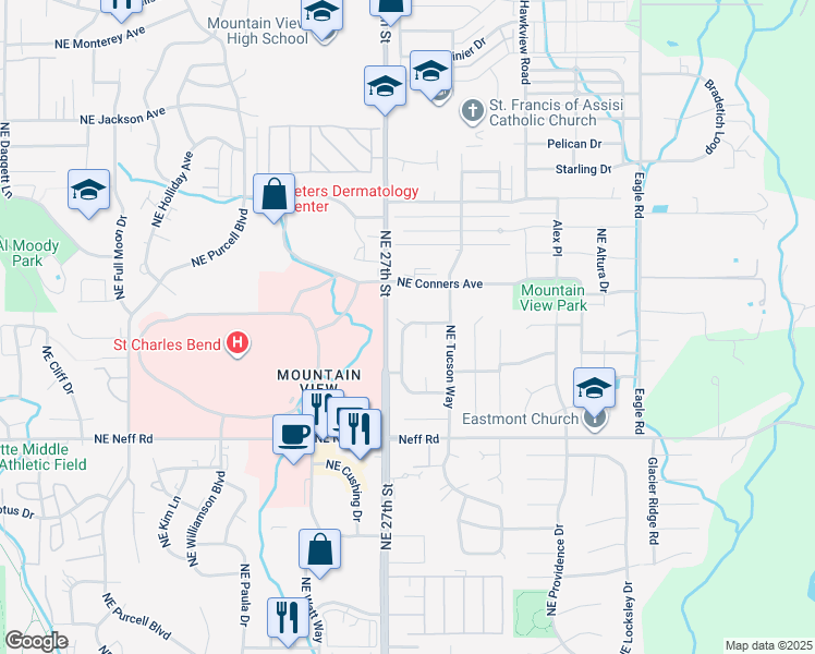 map of restaurants, bars, coffee shops, grocery stores, and more near 1840 Northeast Wichita Way in Bend