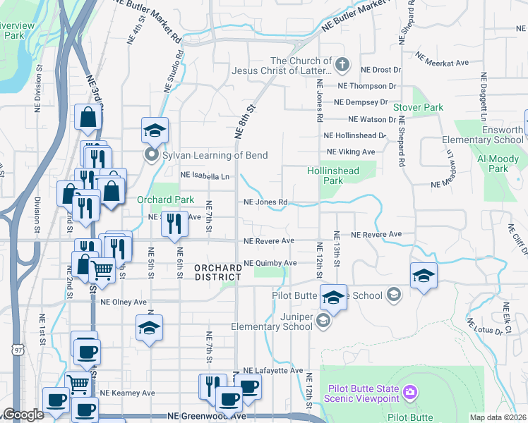 map of restaurants, bars, coffee shops, grocery stores, and more near 990 Northeast Wiest Way in Bend