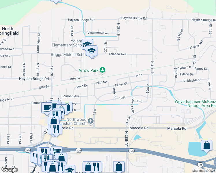 map of restaurants, bars, coffee shops, grocery stores, and more near 2469 Otto Street in Springfield