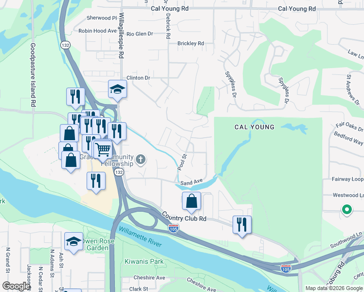 map of restaurants, bars, coffee shops, grocery stores, and more near 1312 Trap Lane in Eugene