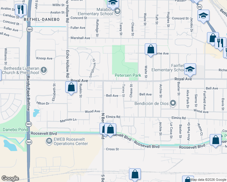 map of restaurants, bars, coffee shops, grocery stores, and more near 3951 Bell Avenue in Eugene