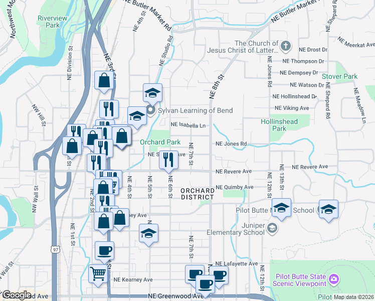 map of restaurants, bars, coffee shops, grocery stores, and more near 674 Northeast Seward Avenue in Bend