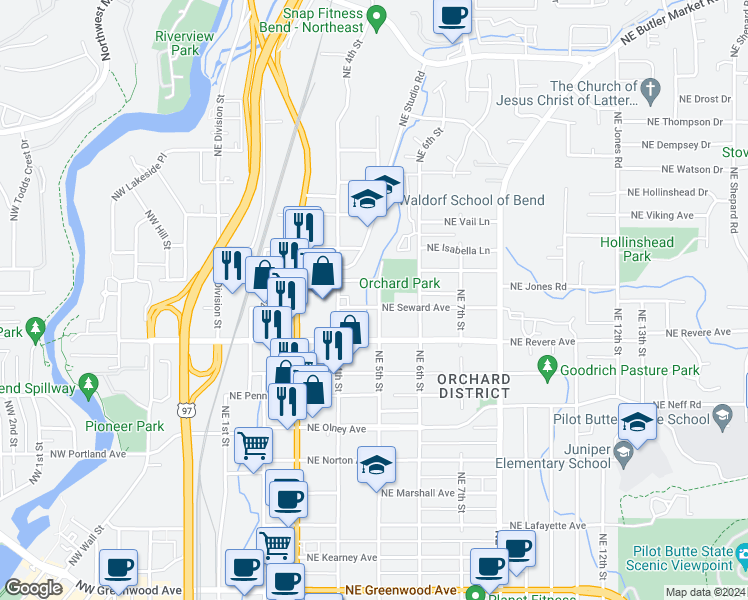 map of restaurants, bars, coffee shops, grocery stores, and more near 474 Northeast Seward Avenue in Bend