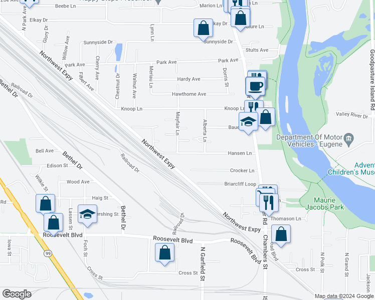 map of restaurants, bars, coffee shops, grocery stores, and more near 143 Hansen Lane in Eugene