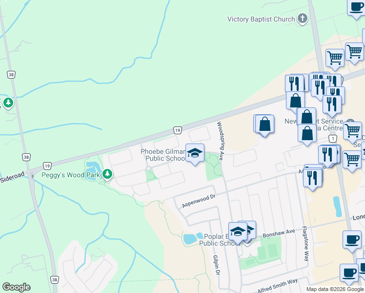 map of restaurants, bars, coffee shops, grocery stores, and more near 118 Courtland Crescent in East Gwillimbury