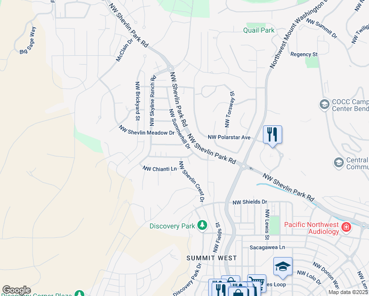 map of restaurants, bars, coffee shops, grocery stores, and more near 2912 Northwest Wild Meadow Drive in Bend