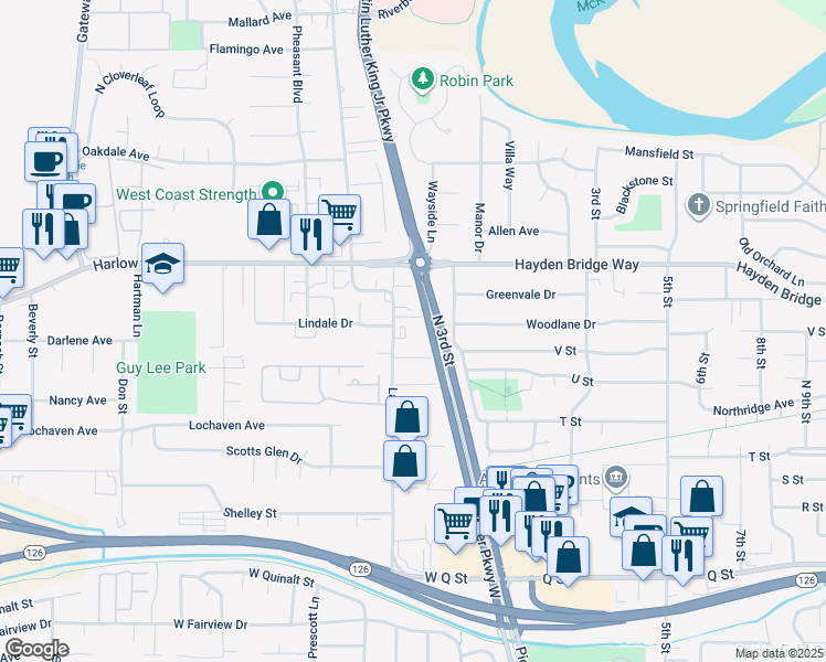 map of restaurants, bars, coffee shops, grocery stores, and more near 110 Prasad Court in Springfield
