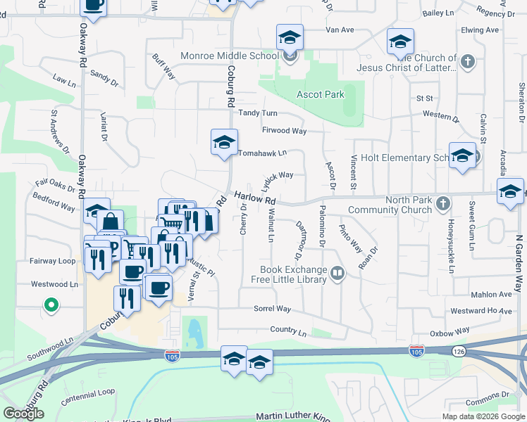 map of restaurants, bars, coffee shops, grocery stores, and more near 594 Walnut Lane in Eugene
