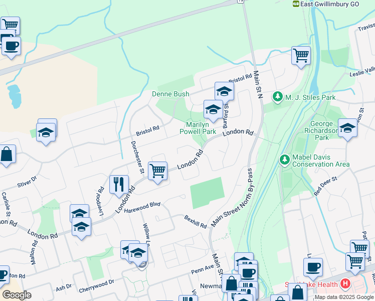 map of restaurants, bars, coffee shops, grocery stores, and more near in Newmarket