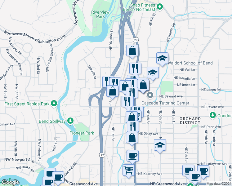 map of restaurants, bars, coffee shops, grocery stores, and more near 1841 Northeast Lytle Street in Bend