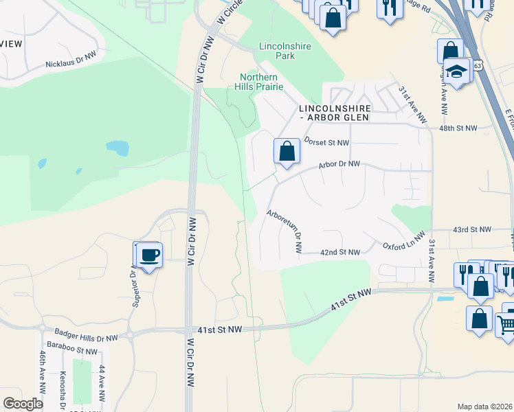 map of restaurants, bars, coffee shops, grocery stores, and more near 4327 Arbor Lane Northwest in Rochester