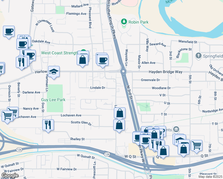 map of restaurants, bars, coffee shops, grocery stores, and more near 363 Lindale Drive in Springfield