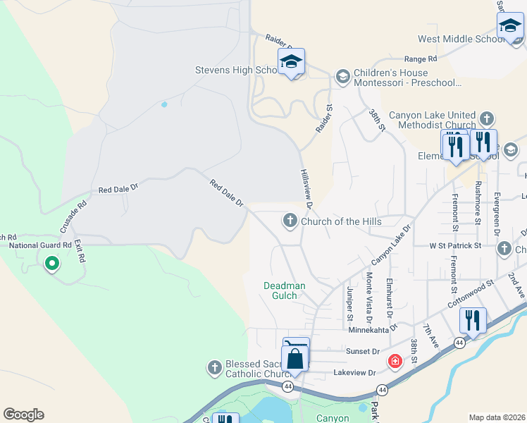 map of restaurants, bars, coffee shops, grocery stores, and more near 4201 Cedar Ridge Place in Rapid City