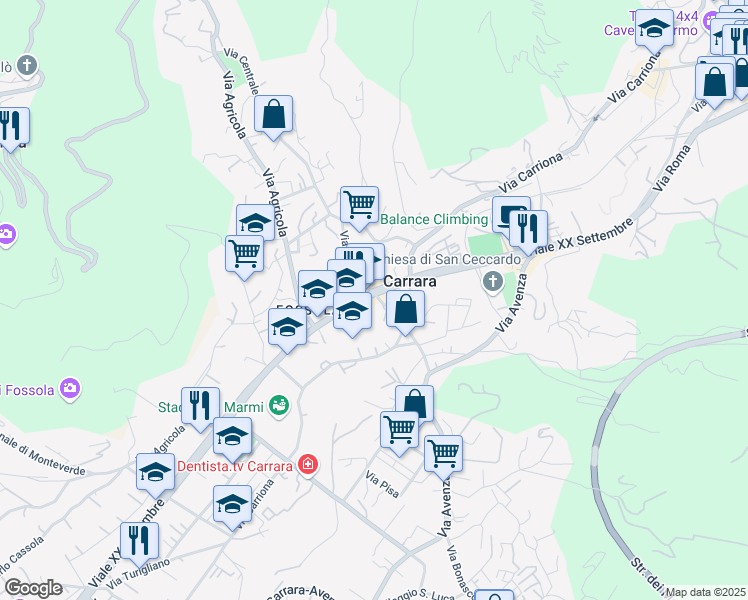 map of restaurants, bars, coffee shops, grocery stores, and more near 11 Via Milazzo in Carrara