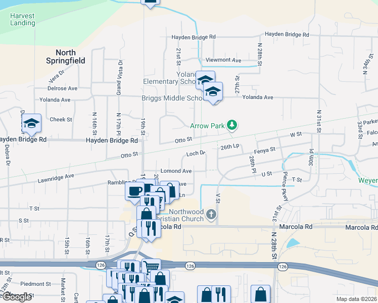 map of restaurants, bars, coffee shops, grocery stores, and more near 2184 Loch Drive in Springfield