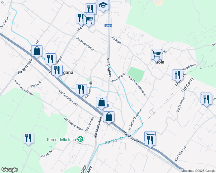 map of restaurants, bars, coffee shops, grocery stores, and more near 39 Via Dogana in Casano