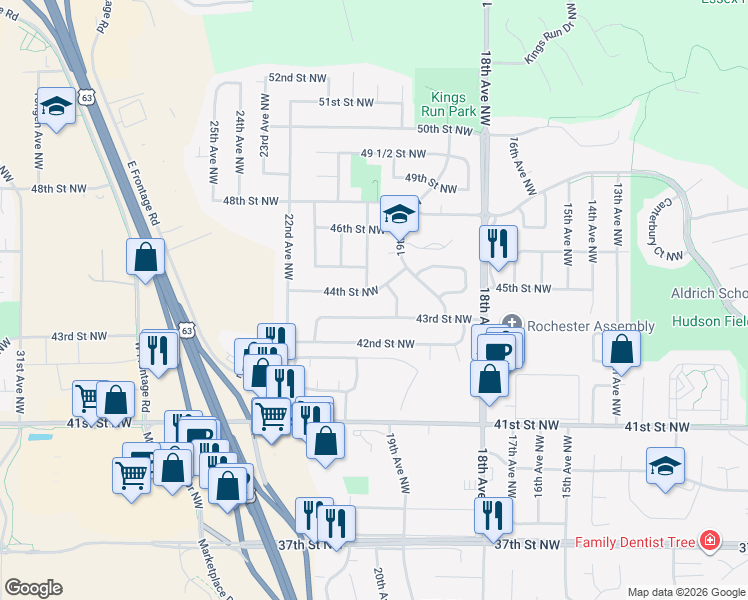 map of restaurants, bars, coffee shops, grocery stores, and more near 2008 43rd Street Northwest in Rochester