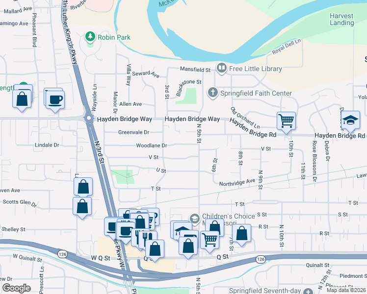 map of restaurants, bars, coffee shops, grocery stores, and more near 421 Woodlane Drive in Springfield