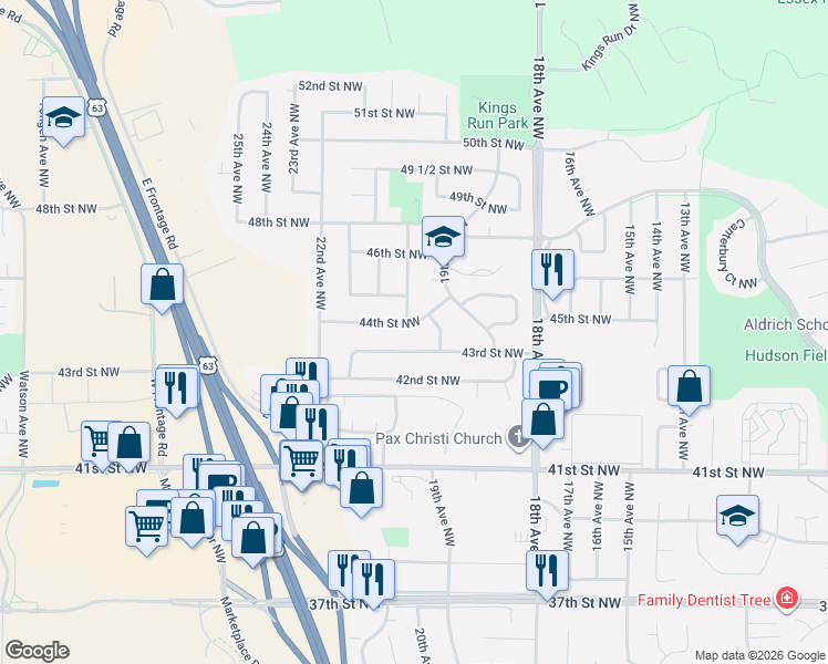 map of restaurants, bars, coffee shops, grocery stores, and more near 2008 43rd Street Northwest in Rochester