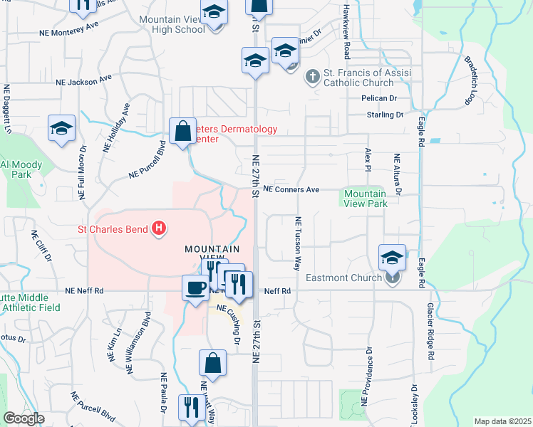 map of restaurants, bars, coffee shops, grocery stores, and more near 1865 Northeast Wichita Way in Bend